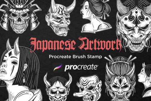 30 Japanese Mask Geisha Samurai Procreate Brushes