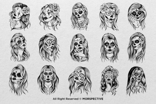 15 Skull Girl Face Sugar Tattoo Dark Procreate Brushes - Image 2