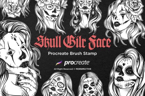 15 Skull Girl Face Sugar Tattoo Dark Procreate Brushes