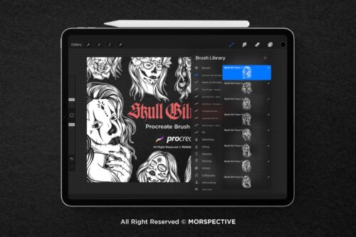 15 Skull Girl Face Sugar Tattoo Dark Procreate Brushes - Image 3
