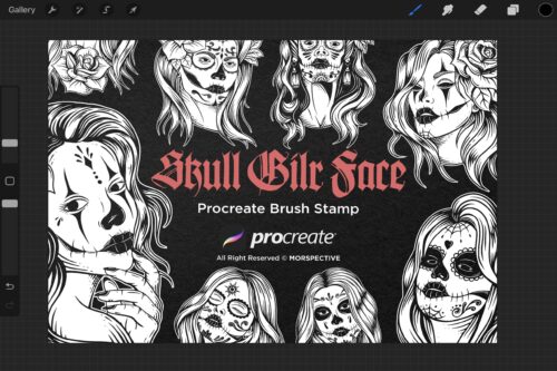 15 Skull Girl Face Sugar Tattoo Dark Procreate Brushes - Image 4