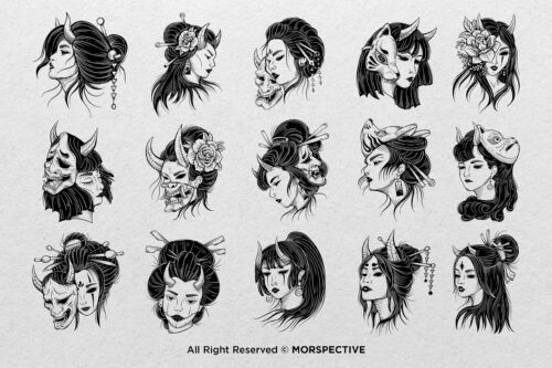 15 Japanese geisha Skull Mask Tattoo Dark Procreate Brushes - Image 2