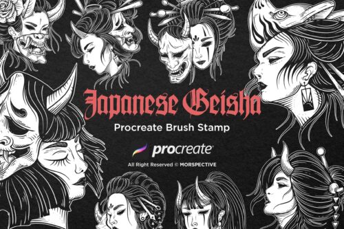 15 Japanese geisha Skull Mask Tattoo Dark Procreate Brushes