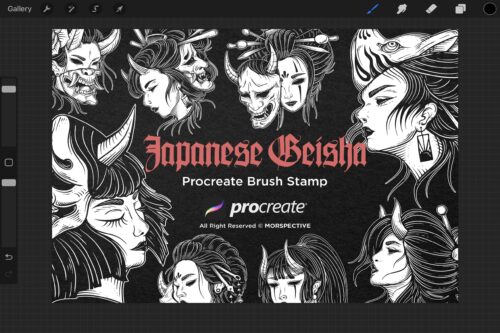 15 Japanese geisha Skull Mask Tattoo Dark Procreate Brushes - Image 4