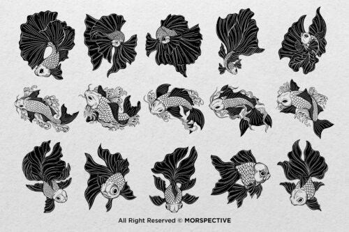 15 Gold fish, Koi, Betta Tattoo Dark Procreate Brushes - Image 2