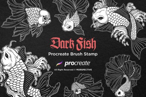 15 Gold fish, Koi, Betta Tattoo Dark Procreate Brushes