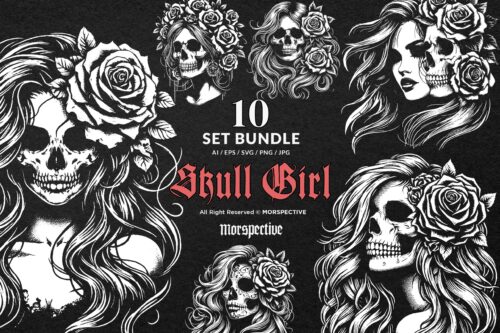 10 Bundle Dark Art Skull Girl with Long Hair