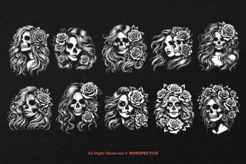 10 Bundle Dark Art Skull Girl with Long Hair - Image 6