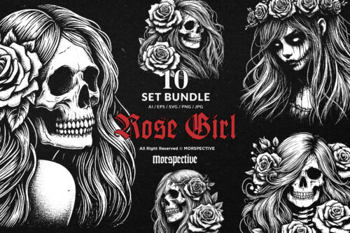 10 Bundle Dark Art Skull Girl Rose