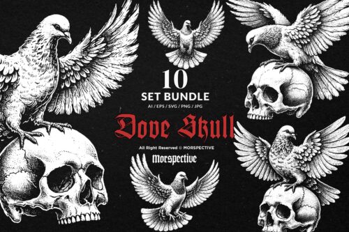 10 Bundle Dark Art Dove Standing on Skull