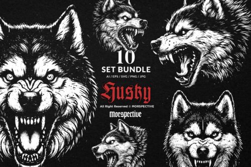 10 Bundle Dark Art Husky Dog Wolf