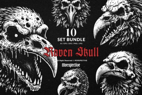 10 Bundle Dark Art Raven Skull Bird